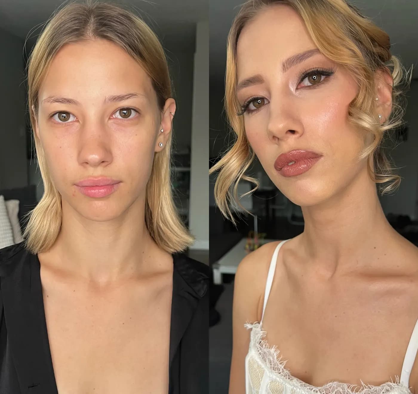Before and after soft glam makeup by Sakina in Calgary, with softly defined eyes and a glossy neutral lip